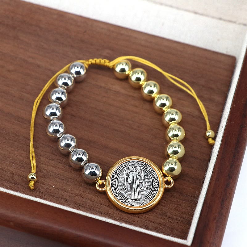 Bracelet Ajustable en Perles de Cuivre avec Médaille Saint Benoît Bicolore