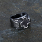 Anillo de Fe de Acero Inoxidable con Grabado de Cruz, Estilo Heavy Metal