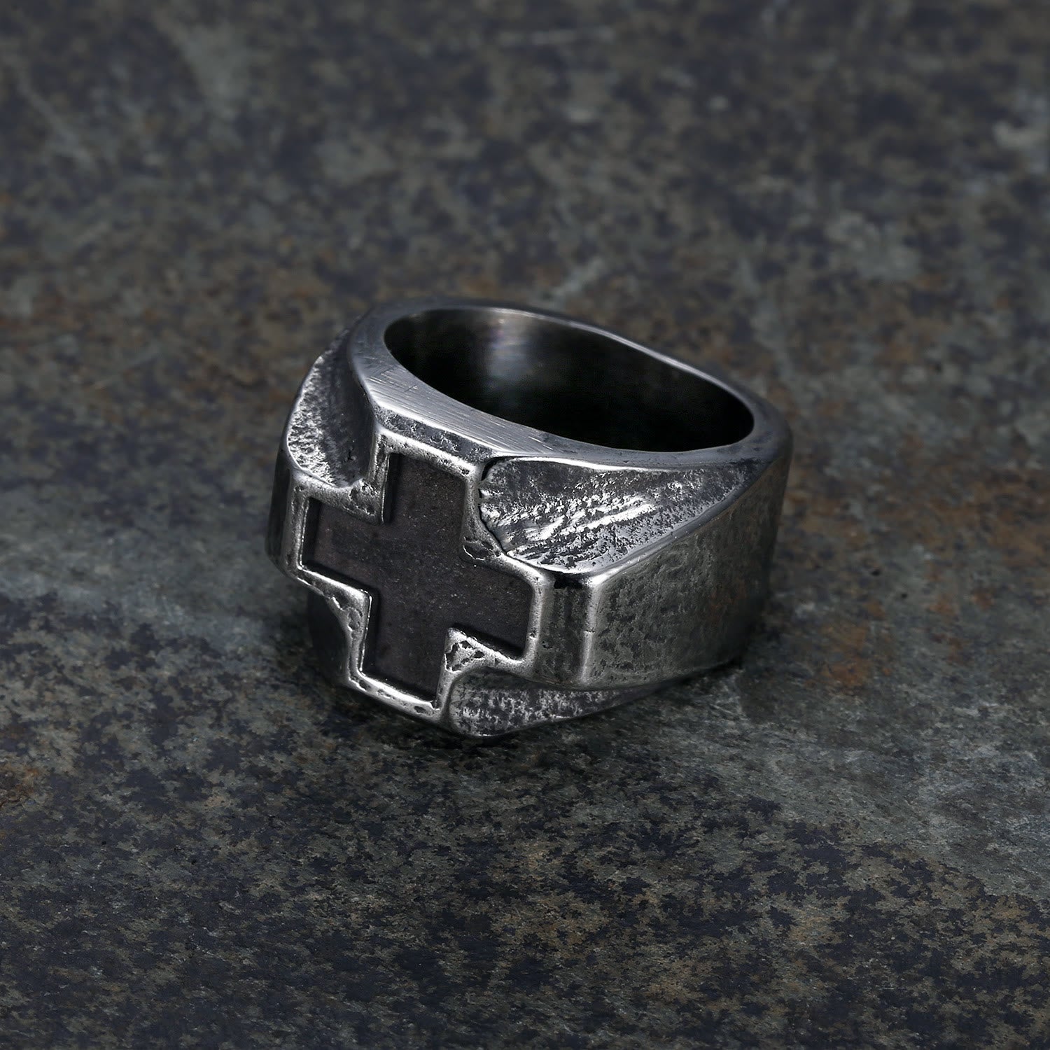 Anillo de Fe de Acero Inoxidable con Grabado de Cruz, Estilo Heavy Metal