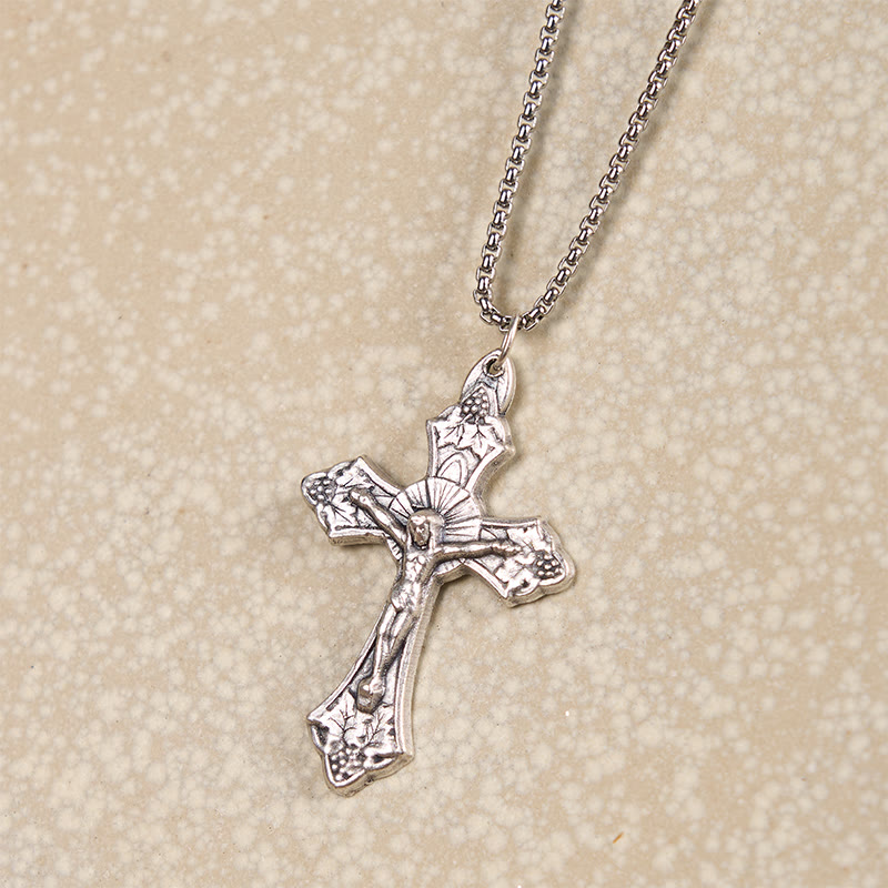Collier avec pendentif crucifix de Jésus en feuilles de vigne, motif rétro exclusif, fabrication artisanale