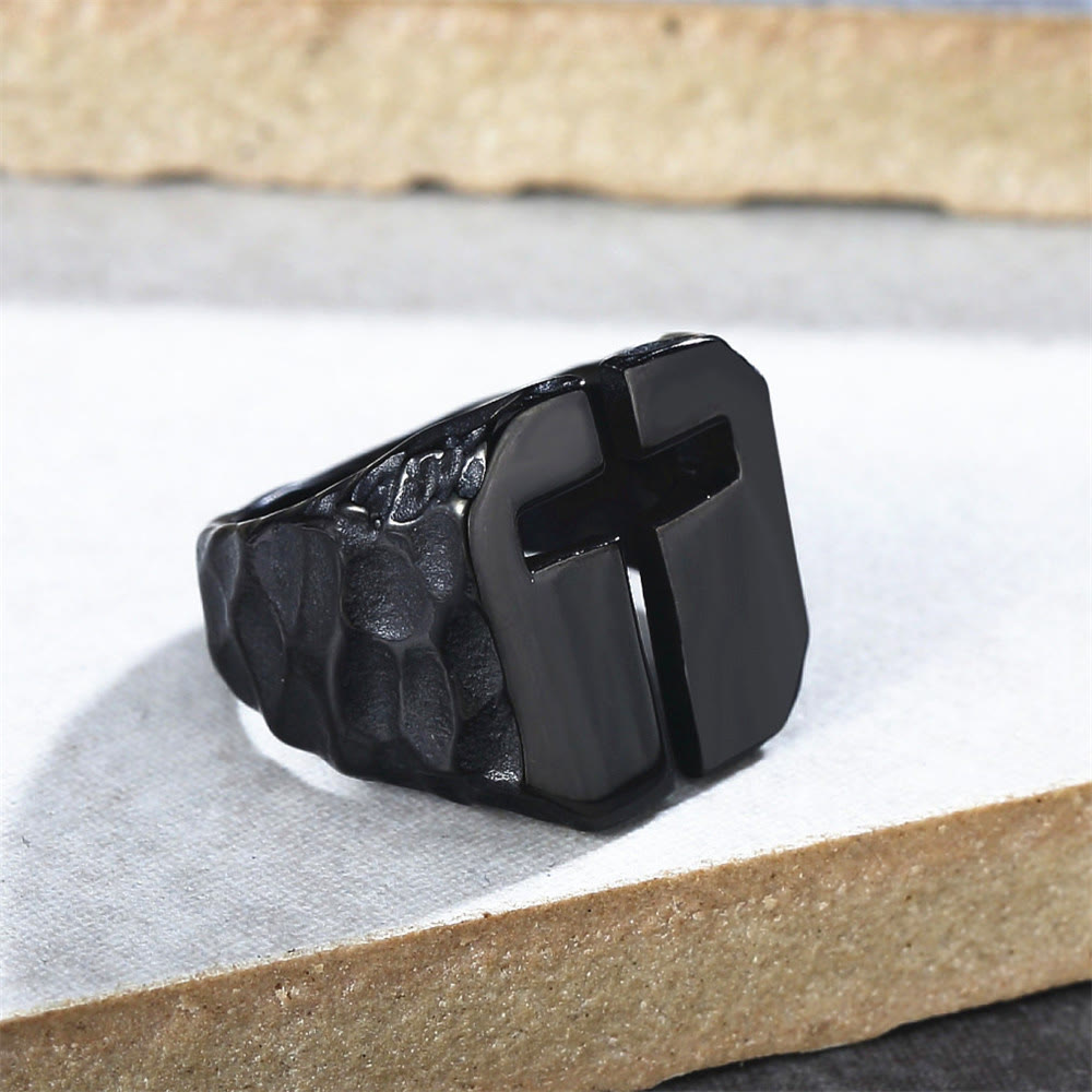 Anillo de fe de acero inoxidable grabado con cruz estilo minimalista de 3 colores
