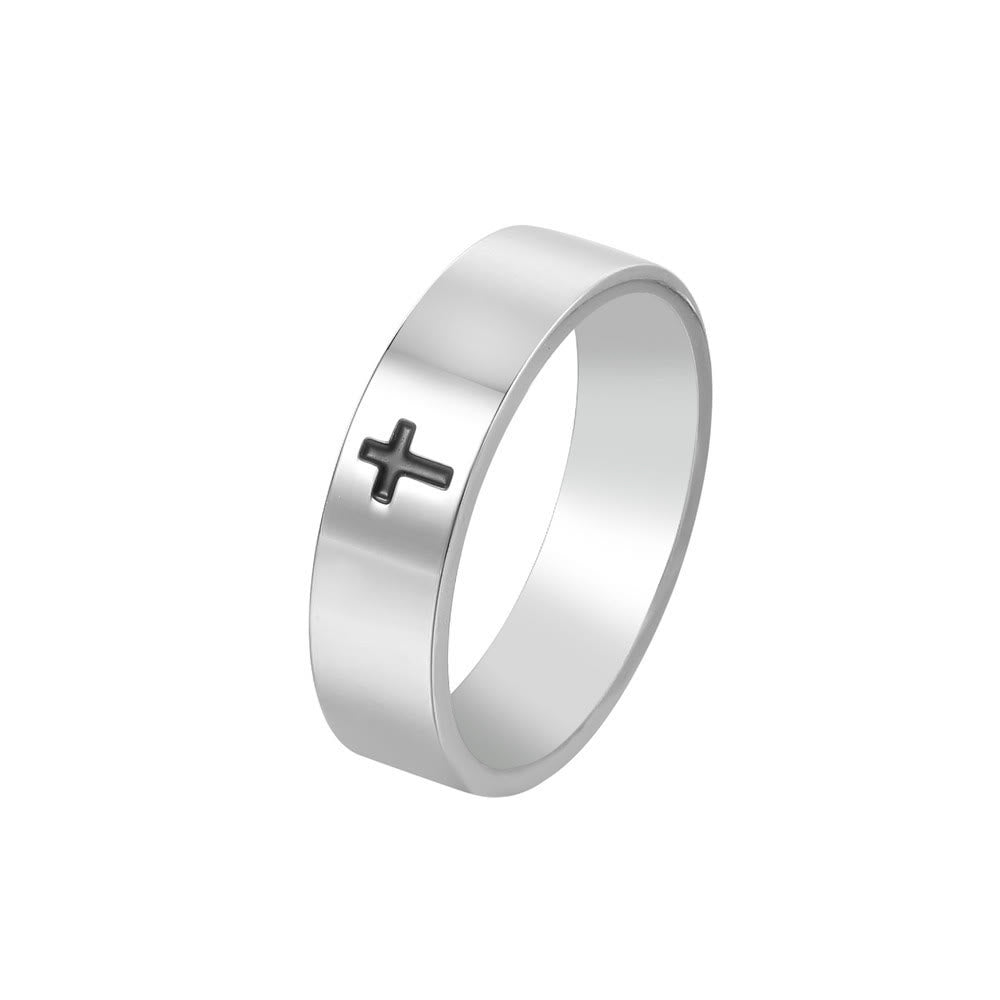 Anillo de titanio con grabado de cruz brillante estilo minimalista