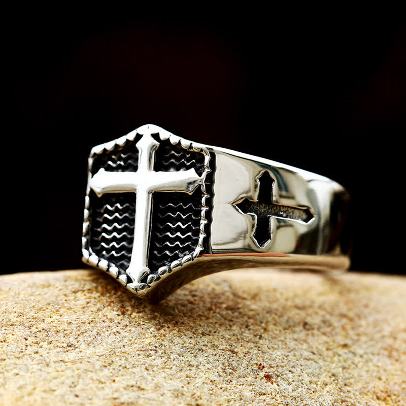 Anillo de fe de acero inoxidable grabado con cruz de estilo retro minimalista