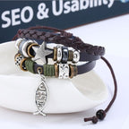 Pulsera de cordón de cuero ajustable con el pez de Jesús retro