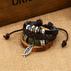Pulsera de cordón de cuero ajustable con el pez de Jesús retro