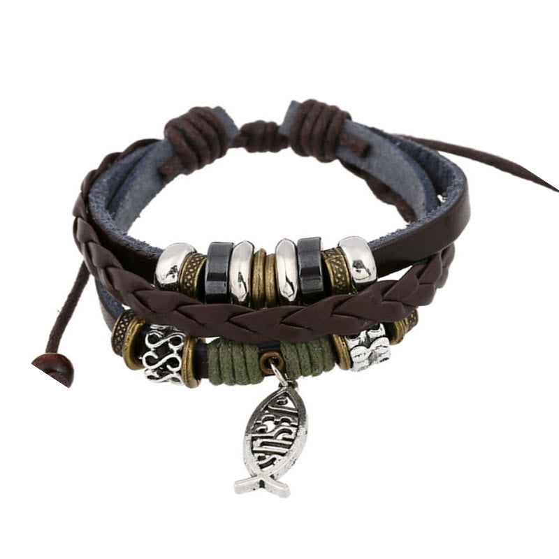 Pulsera de cordón de cuero ajustable con el pez de Jesús retro
