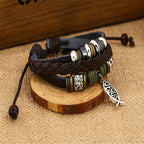 Pulsera de cordón de cuero ajustable con el pez de Jesús retro