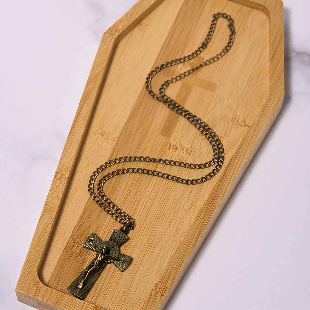 Collar con colgante de acero de titanio con cruz de Jesús y patrón de árbol de estilo retro