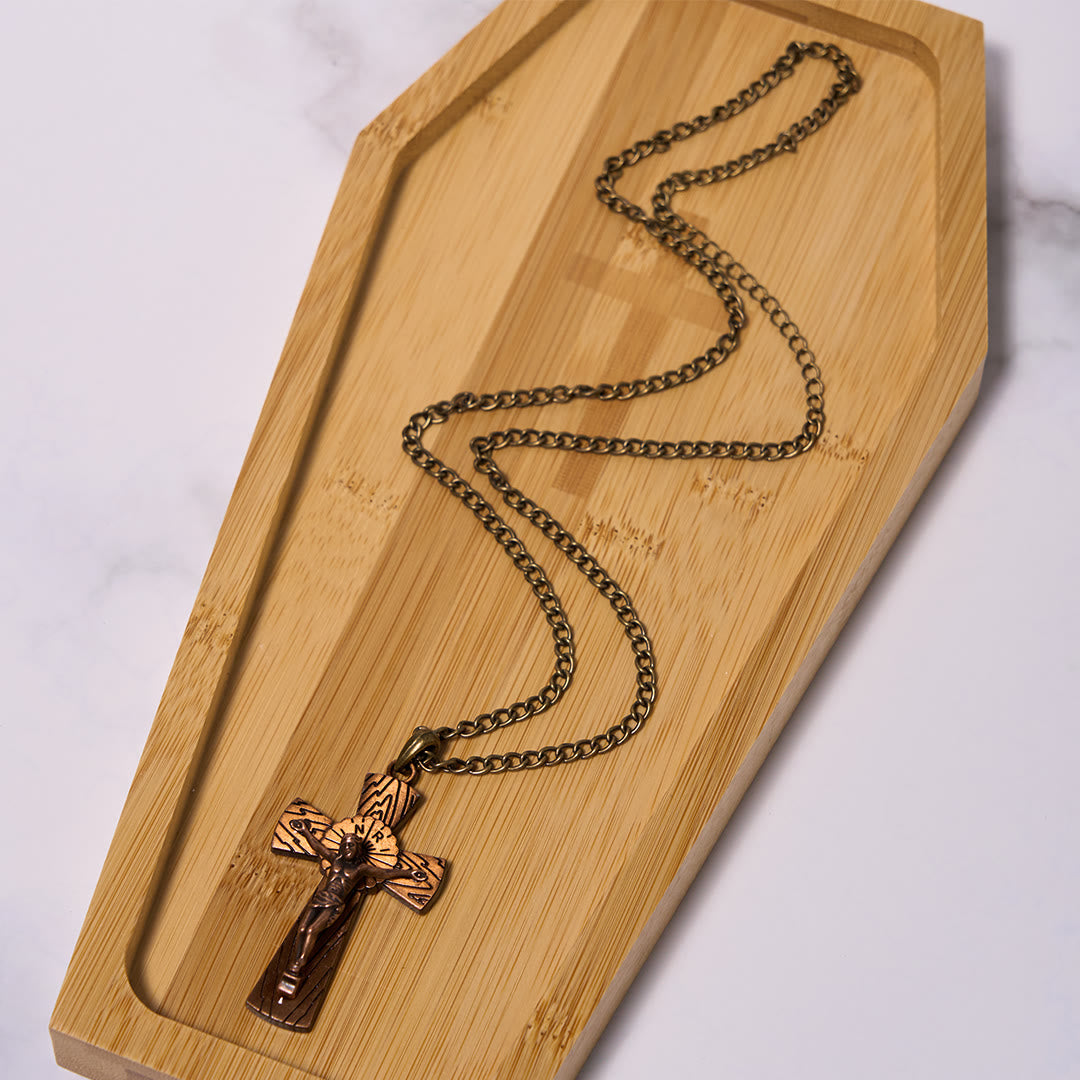 Collar con colgante de acero de titanio con cruz de Jesús y patrón de árbol de estilo retro