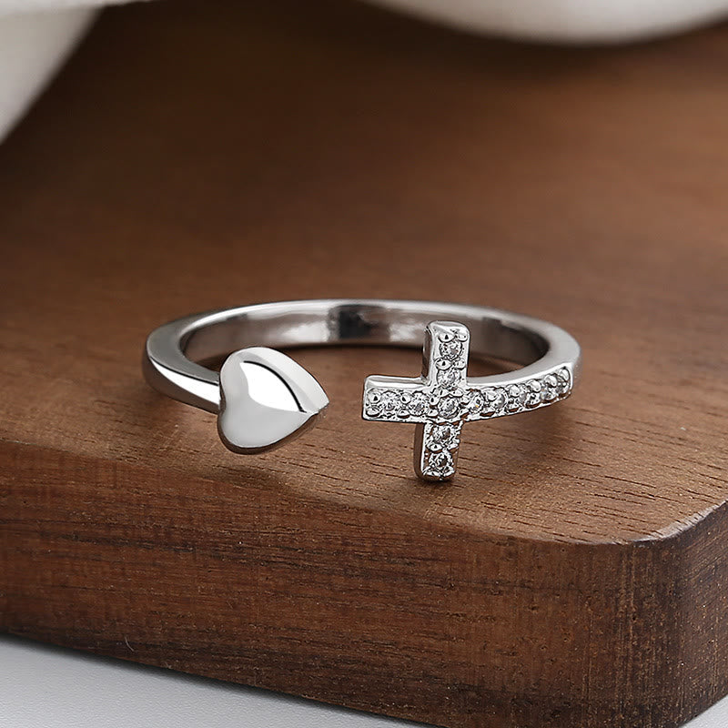Anillo ajustable minimalista con símbolo de corazón y cruz bendito de 3 colores