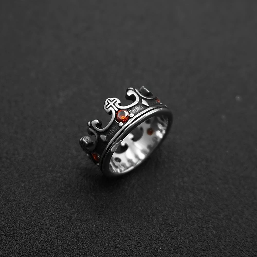 4colores Anillo con Cruz La Corona de la Fe - Diseño Divino con Gemas Rojas para el Creyente