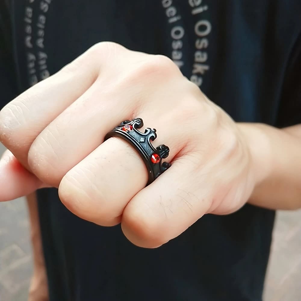 4colores Anillo con Cruz La Corona de la Fe - Diseño Divino con Gemas Rojas para el Creyente