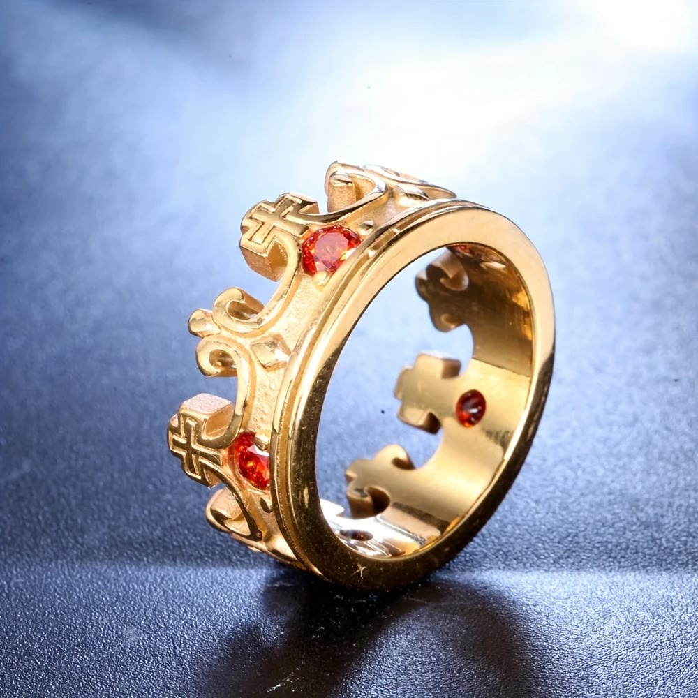 4colores Anillo con Cruz La Corona de la Fe - Diseño Divino con Gemas Rojas para el Creyente