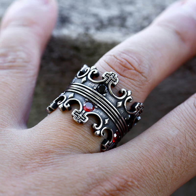 4colores Anillo con Cruz La Corona de la Fe - Diseño Divino con Gemas Rojas para el Creyente