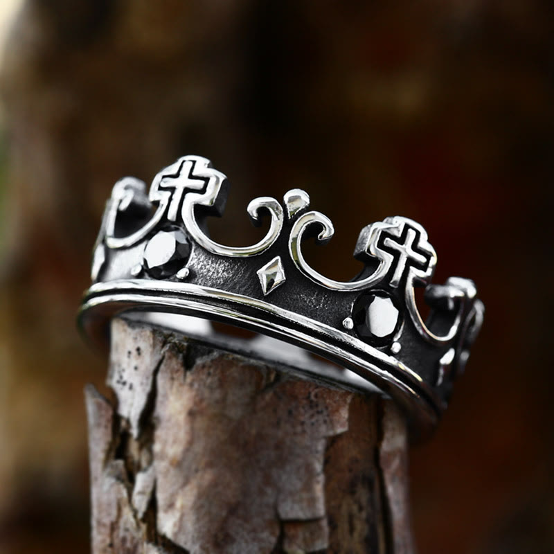 4colores Anillo con Cruz La Corona de la Fe - Diseño Divino con Gemas Rojas para el Creyente
