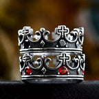 4colores Anillo con Cruz La Corona de la Fe - Diseño Divino con Gemas Rojas para el Creyente