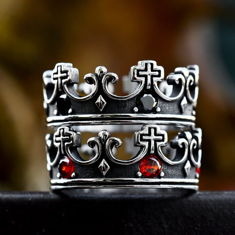 4colores Anillo con Cruz La Corona de la Fe - Diseño Divino con Gemas Rojas para el Creyente
