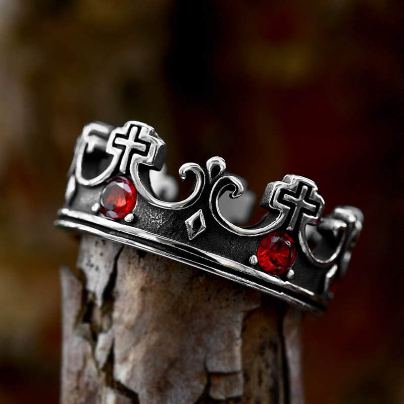 4colores Anillo con Cruz La Corona de la Fe - Diseño Divino con Gemas Rojas para el Creyente
