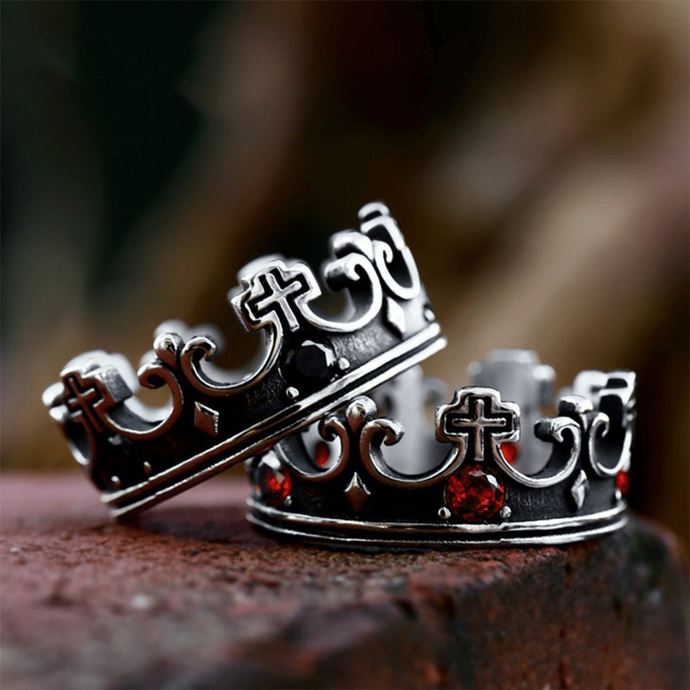 4colores Anillo con Cruz La Corona de la Fe - Diseño Divino con Gemas Rojas para el Creyente