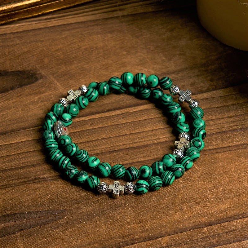 Bracelet Chapelet Malachite Verte Croix J'aime Jésus Foi