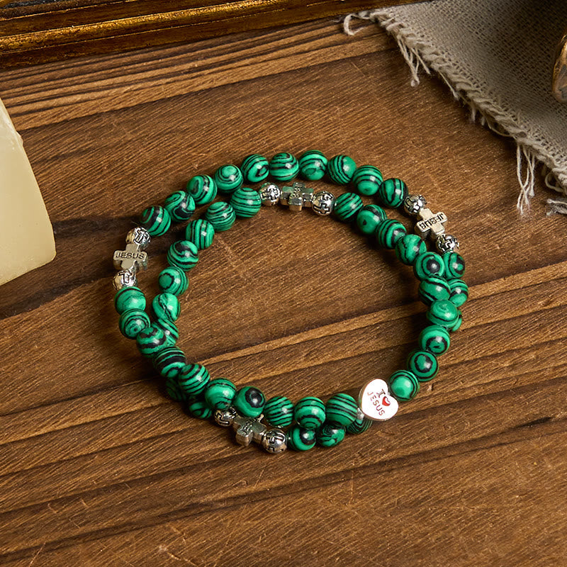 Bracelet Chapelet Malachite Verte Croix J'aime Jésus Foi
