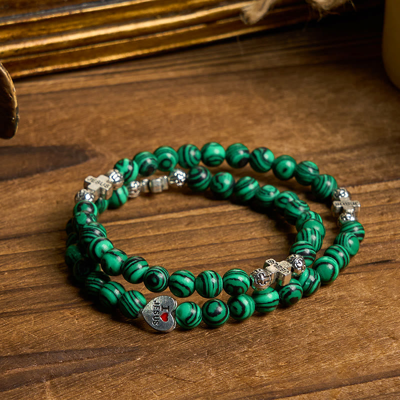 Bracelet Chapelet Malachite Verte Croix J'aime Jésus Foi