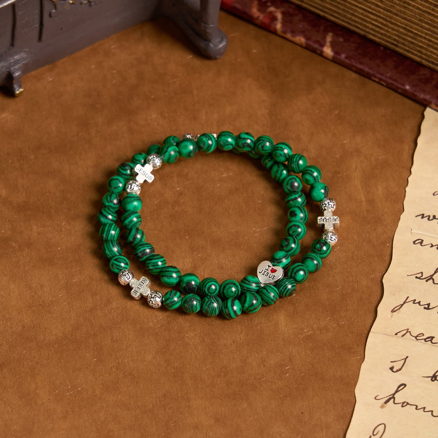 Bracelet Chapelet Malachite Verte Croix J'aime Jésus Foi
