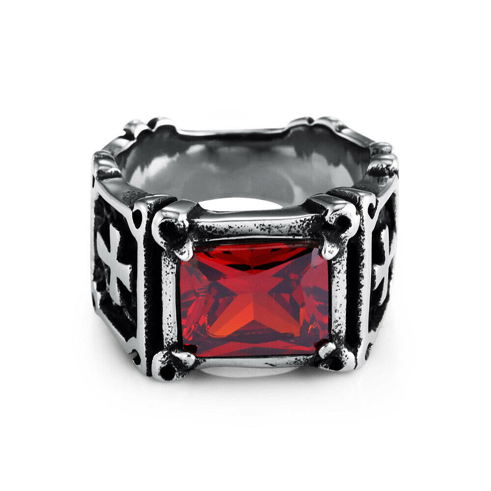 Anillo de pareja con cruz de gemas rojas y negras - Un símbolo de fe y estilo