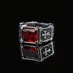 Anillo de pareja con cruz de gemas rojas y negras - Un símbolo de fe y estilo
