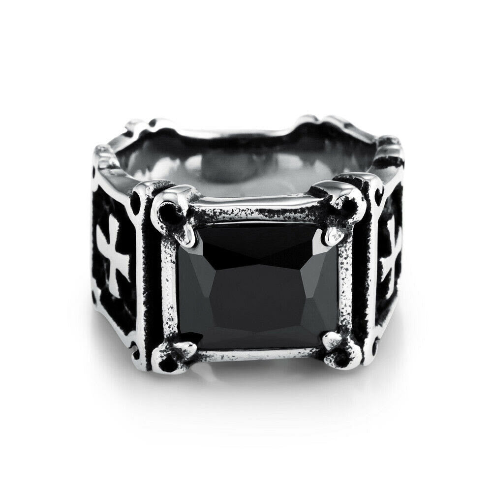 Anillo de pareja con cruz de gemas rojas y negras - Un símbolo de fe y estilo