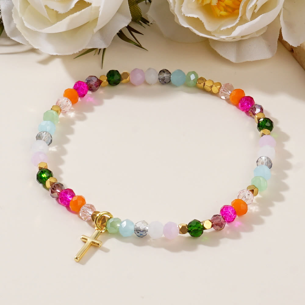 Bracelet Croix en Cristal Multicolore avec Carte Bénie : Un Signe Vif de Foi