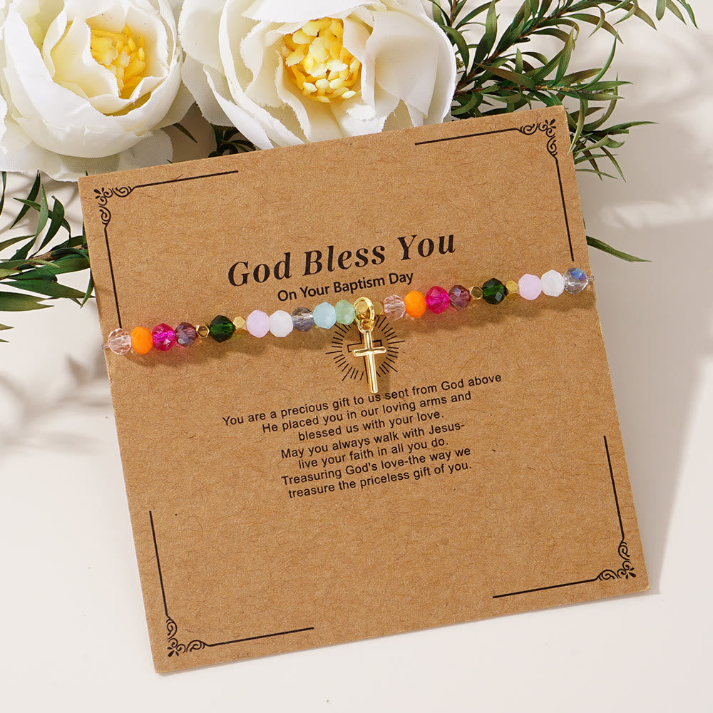 Bracelet Croix en Cristal Multicolore avec Carte Bénie : Un Signe Vif de Foi