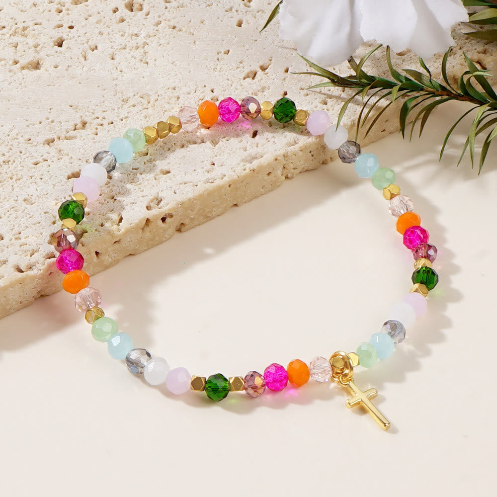Bracelet Croix en Cristal Multicolore avec Carte Bénie : Un Signe Vif de Foi