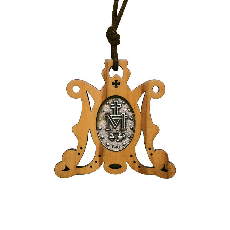 Collar de Medalla Milagrosa de Madera de Olivo Vintage: Un Emblema Atemporal de la Gracia Divina