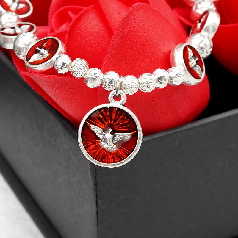 Bracelet Esprit Saint en émail avec croix et perles de roses : Symbole précieux de protection divine