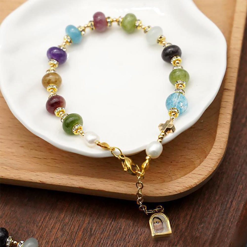 Pulsera de ágata de turmalina natural multicolor redonda con medalla milagrosa y cruz