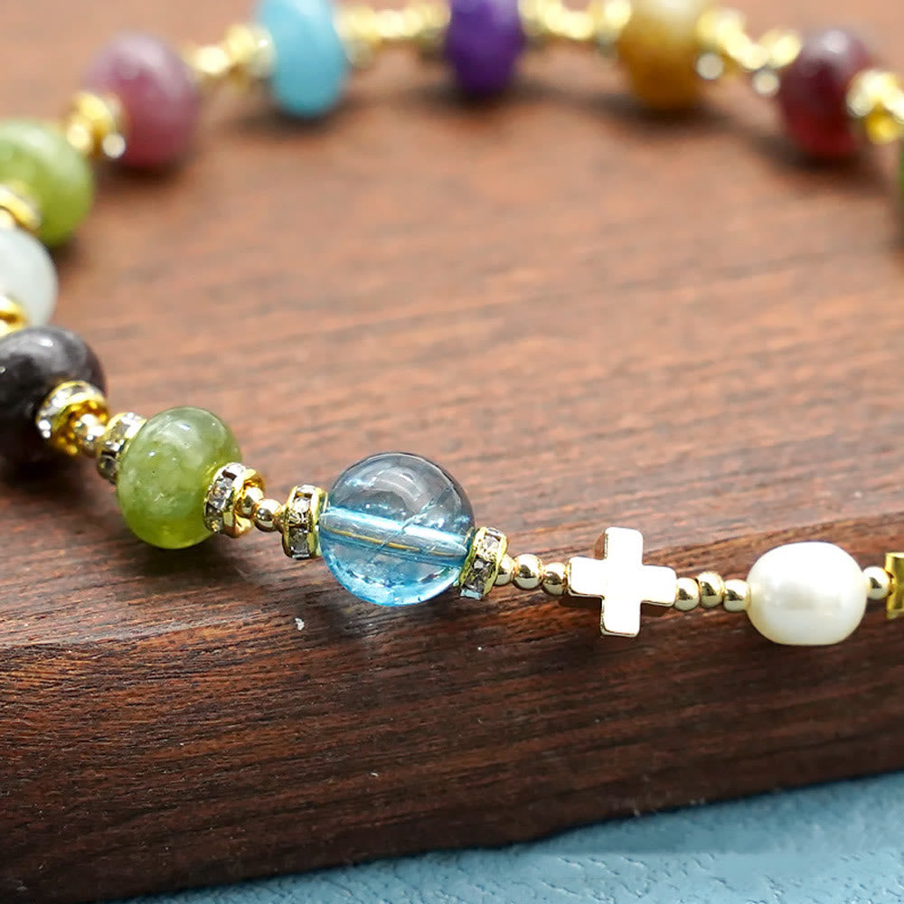 Pulsera de ágata de turmalina natural multicolor redonda con medalla milagrosa y cruz