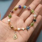 Pulsera de ágata de turmalina natural multicolor redonda con medalla milagrosa y cruz