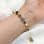 Pulsera de ágata de turmalina natural multicolor redonda con medalla milagrosa y cruz