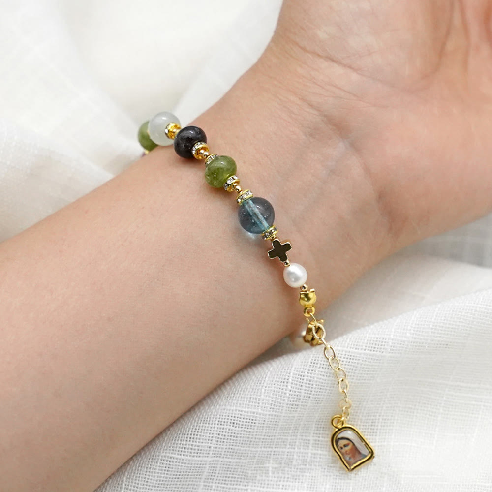 Pulsera de ágata de turmalina natural multicolor redonda con medalla milagrosa y cruz