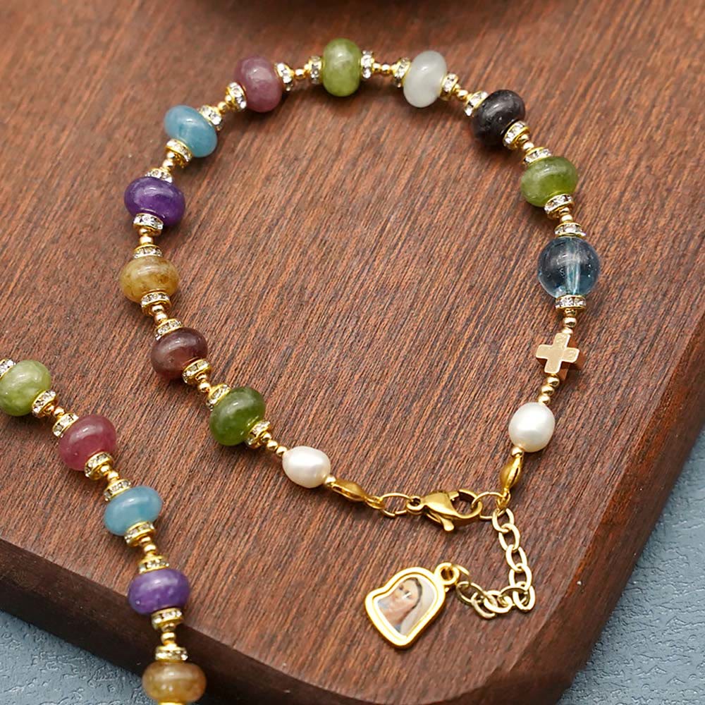 Pulsera de ágata de turmalina natural multicolor redonda con medalla milagrosa y cruz
