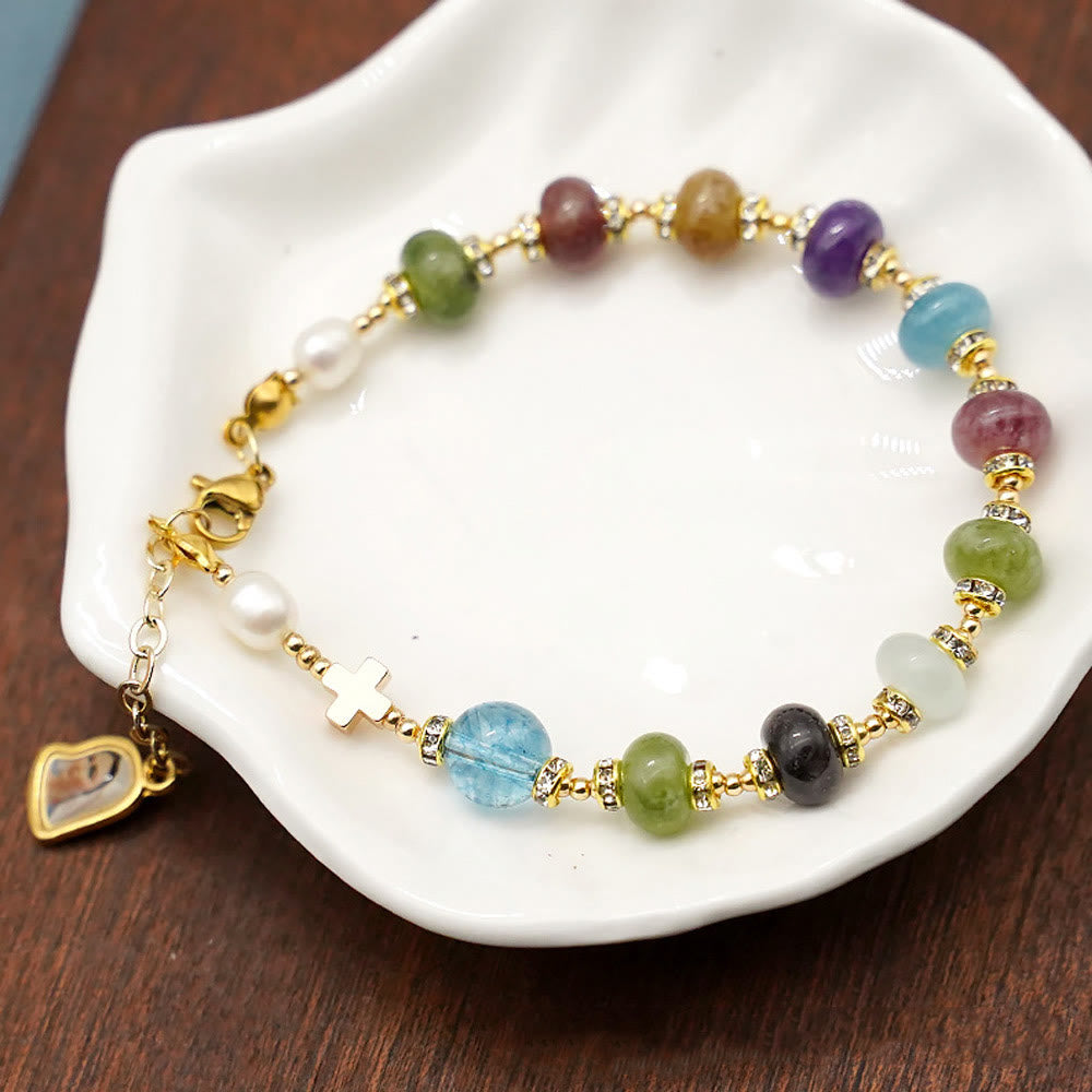 Pulsera de ágata de turmalina natural multicolor redonda con medalla milagrosa y cruz