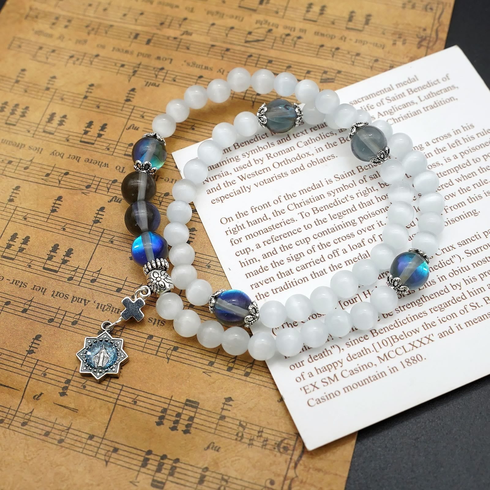 Minimalist Adjustable Bracelet with Multicolored Cat's Eye Stones and Miraculous Medal