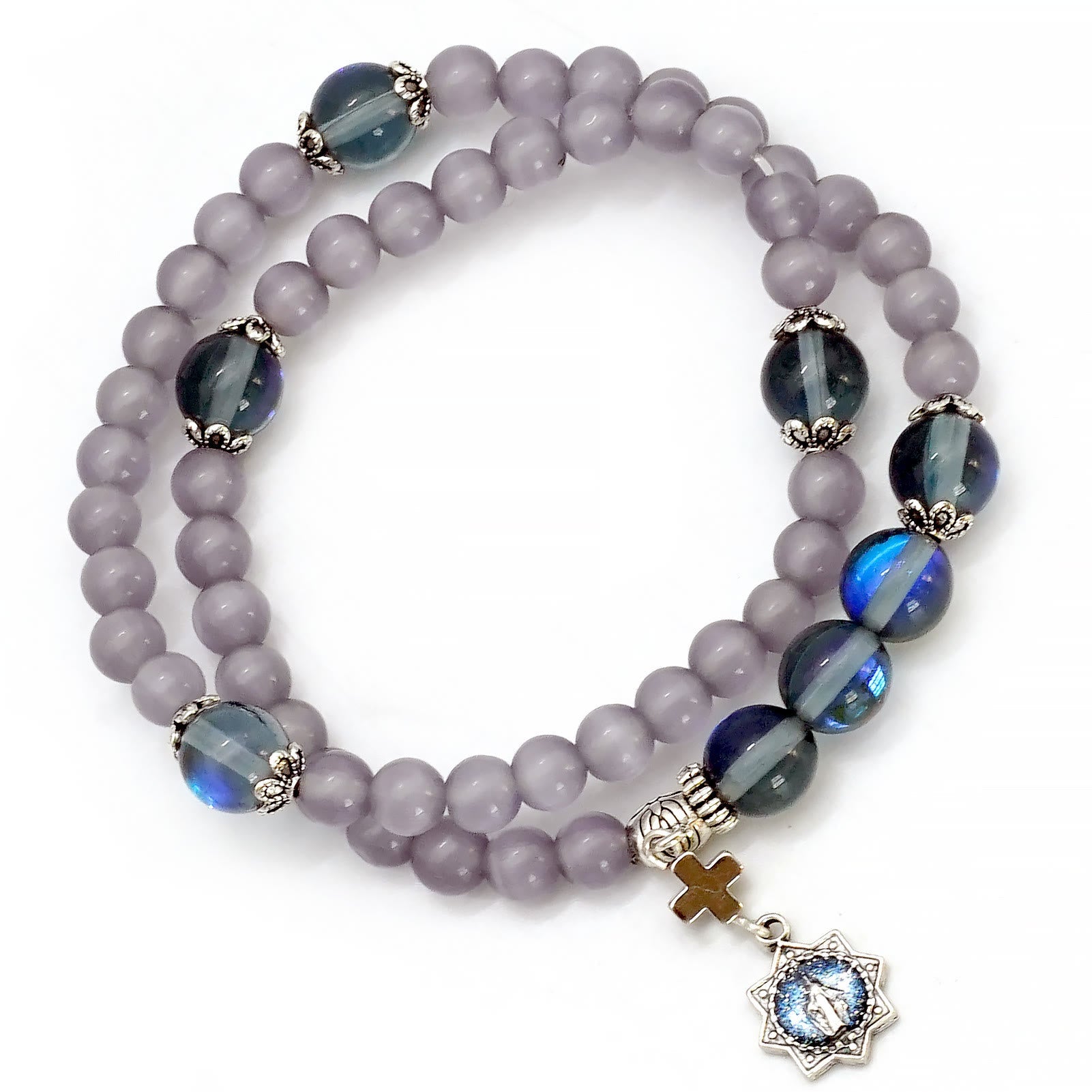 Minimalist Adjustable Bracelet with Multicolored Cat's Eye Stones and Miraculous Medal