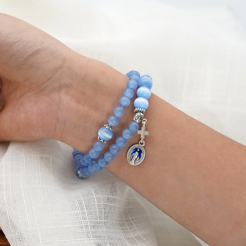 Minimalist Adjustable Bracelet with Multicolored Cat's Eye Stones and Miraculous Medal