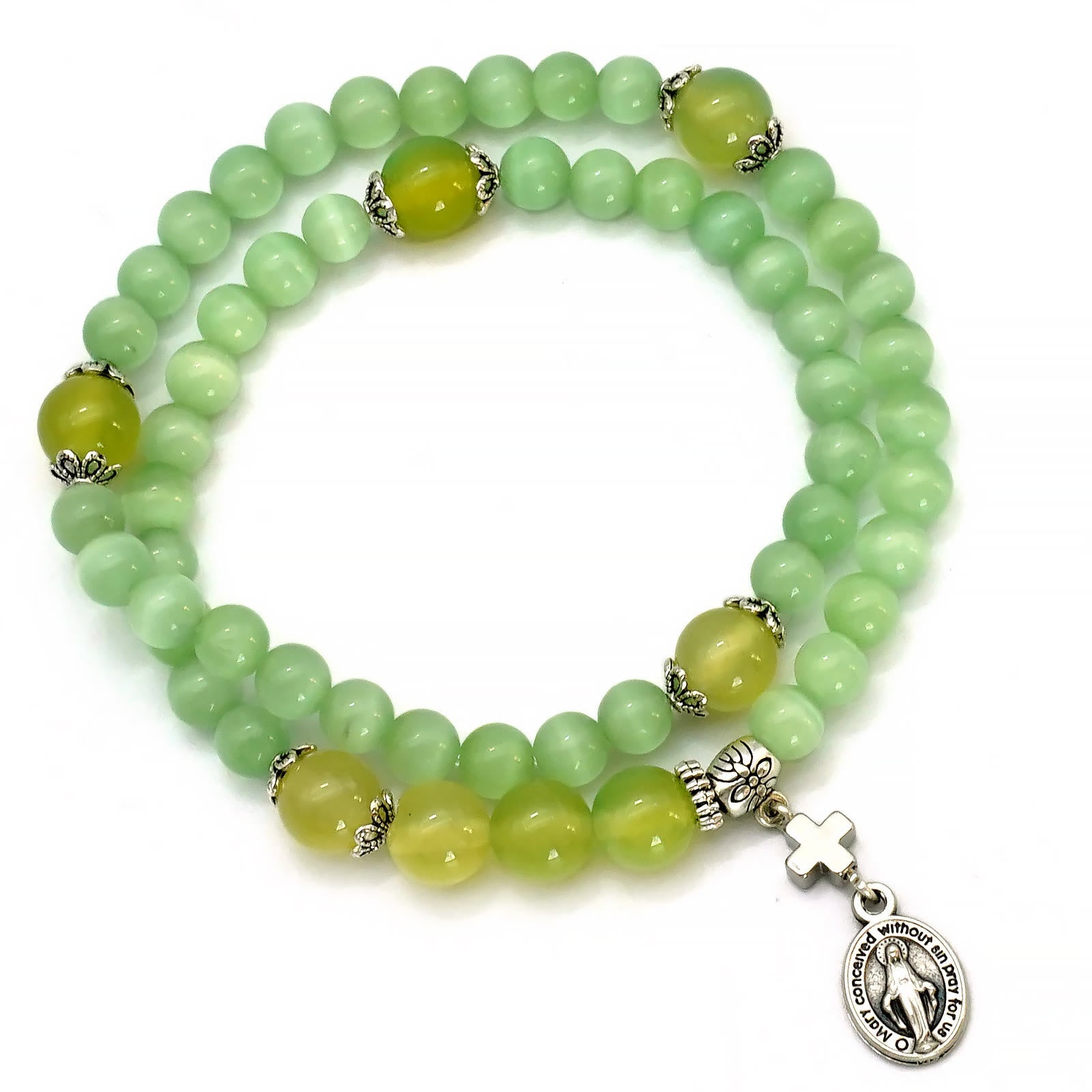 Minimalist Adjustable Bracelet with Multicolored Cat's Eye Stones and Miraculous Medal