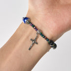 Bracelet avec Notre-Dame et crucifix en ébène et agate bleue