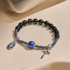 Bracelet avec Notre-Dame et crucifix en ébène et agate bleue