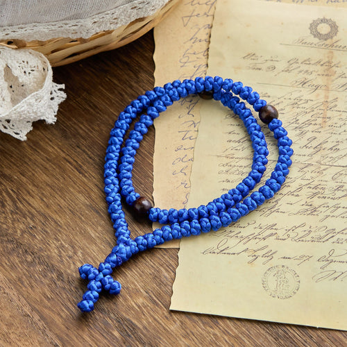 Blue & Black Cross 100 Blessing Knots String Necklace: Cherished Symbol of Holy Blessing