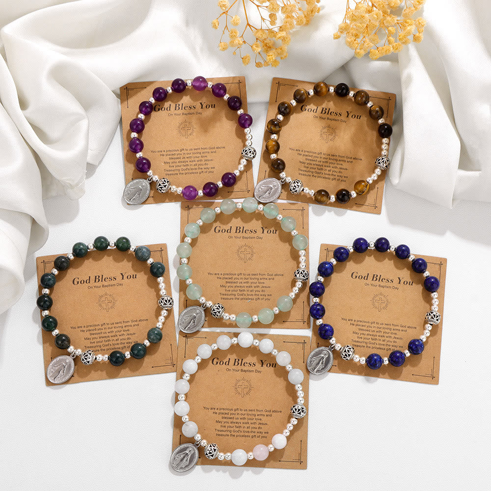 Bracelet extensible de pierres précieuses multicolores avec médaille miraculeuse : une connexion spirituelle unique